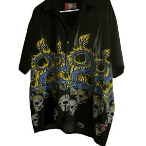 Edgy Black Shirt with Blue and Yellow Dragon and Skull Design